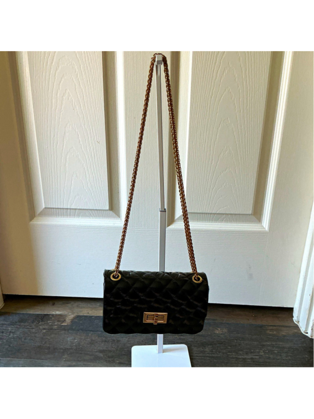 Black Quilted Shoulder Bag Gold Chain Strap Turn Lock Closure Solid Rectangle